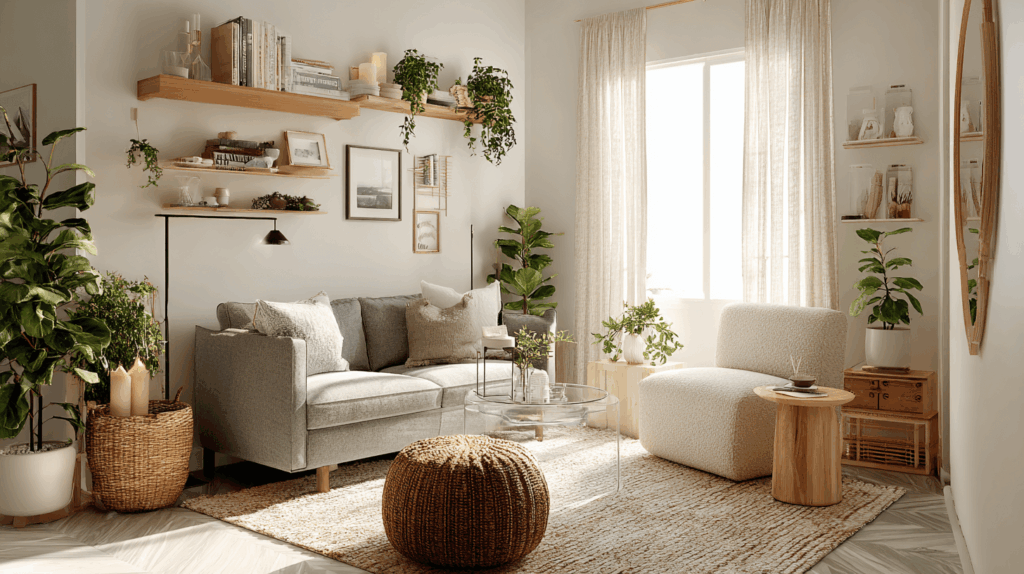 A sunlit, compact apartment living room styled with 33 layered details