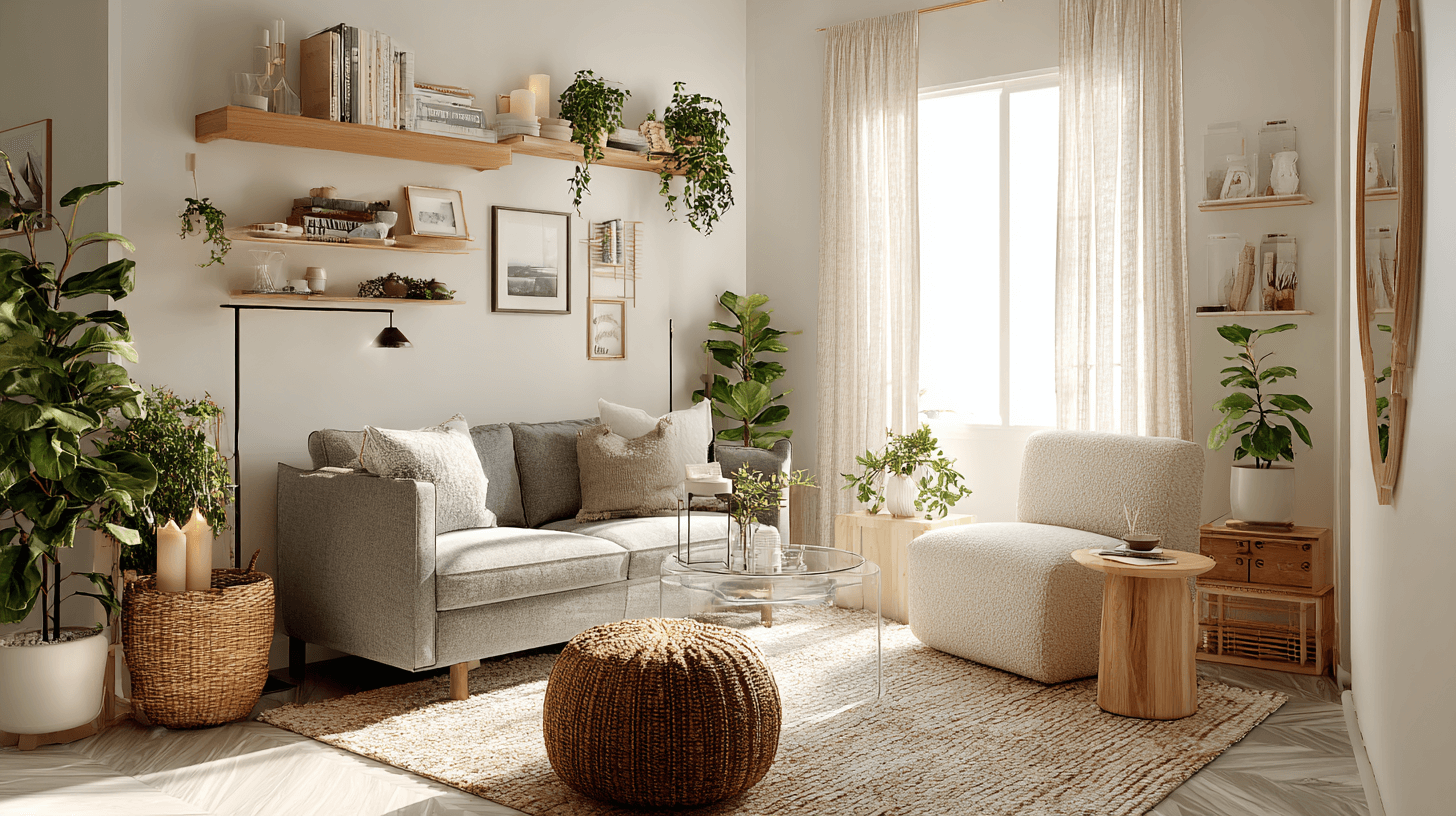 A sunlit, compact apartment living room styled with 33 layered details