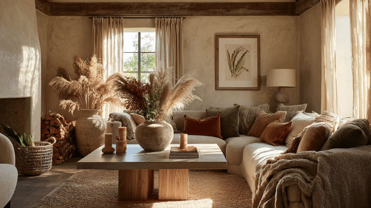 A sunlit, intimate living room layered with textures