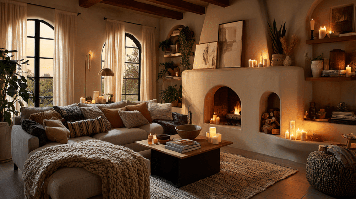 A warm, intimate living room at dusk, shot on a high-end camera. Layers of soft lighting