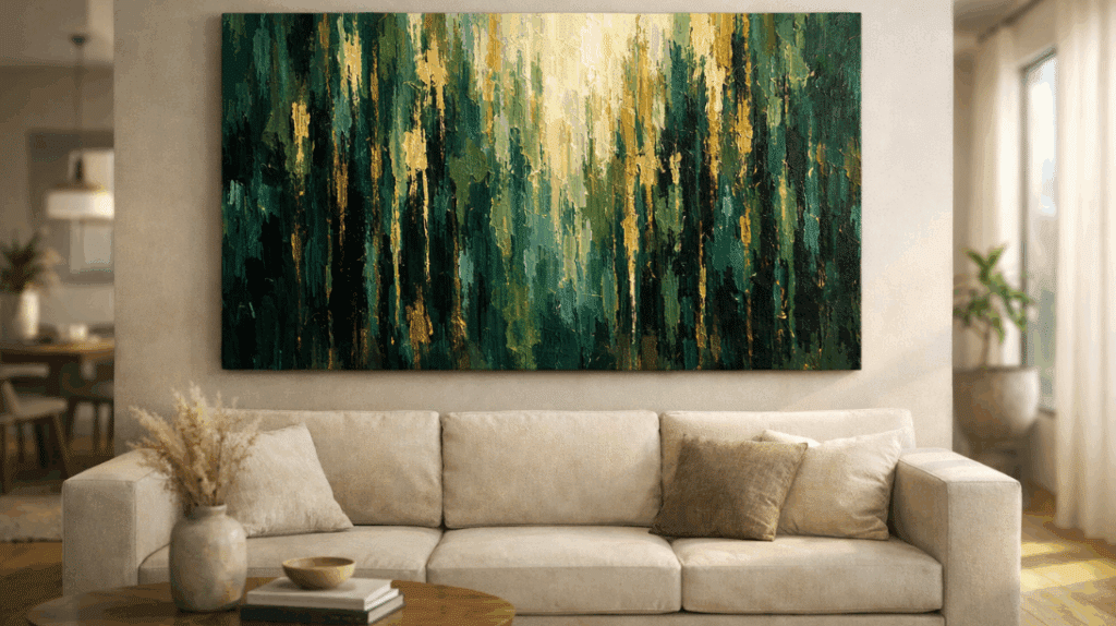 Large abstract forest canvas painting with bold emerald green and gold brushstrokes displayed above a minimalist beige couch in a modern open-concept living room with natural sunlight and soft shadows.