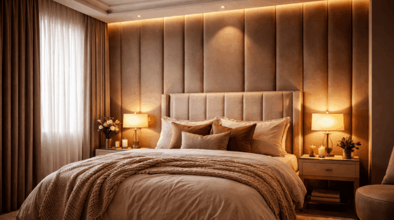 A modern cocoon bedroom features a large bed with neutral bedding, accent pillows, bedside tables with lamps, flowers, and soft ambient lighting.