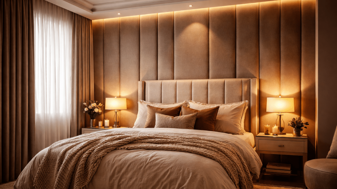 A modern cocoon bedroom features a large bed with neutral bedding, accent pillows, bedside tables with lamps, flowers, and soft ambient lighting.