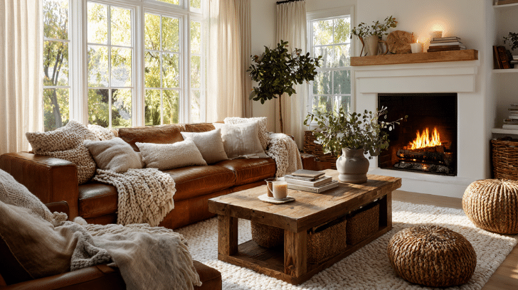 Golden-hour light pours through sheer linen curtains onto a snug living room layered with texture