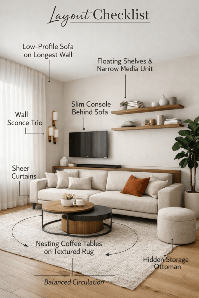 High-End Compact Living Room Layout with Smart Small-Space Design and Balanced Flow