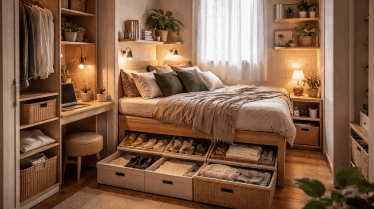 Cozy, organized tiny bedroom with innovative under-bed storage drawers, green plants, shelves, a small desk with a laptop, warm lighting, and woven baskets. Sunlight streams in through a window with sheer white curtains.