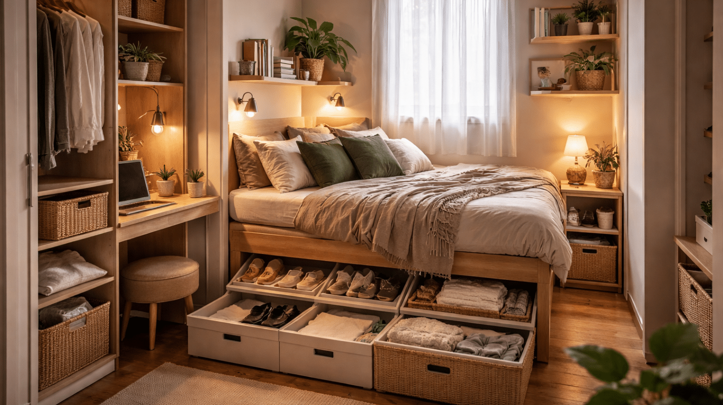 Cozy, organized tiny bedroom with innovative under-bed storage drawers, green plants, shelves, a small desk with a laptop, warm lighting, and woven baskets. Sunlight streams in through a window with sheer white curtains.