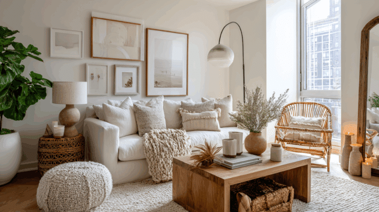 Sunlit apartment living room with cozy decor