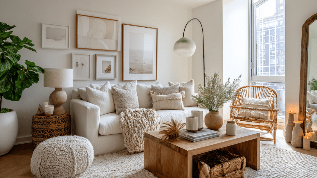 Sunlit apartment living room with cozy decor