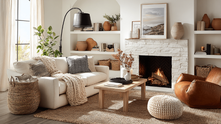 Sunlit living room with plush cream sofa layered in chunky knit throws and mixed-pattern pillows