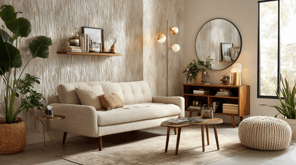Sunlit small living room, shot on a high-end camera, featuring a compact mid-century sofa against a textured wall