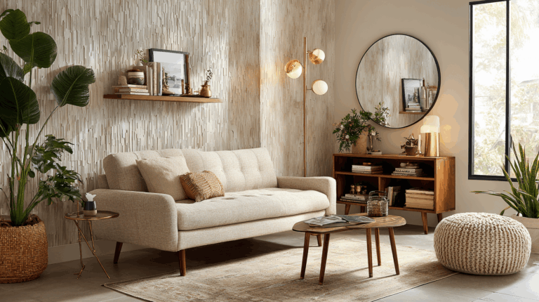 Sunlit small living room, shot on a high-end camera, featuring a compact mid-century sofa against a textured wall