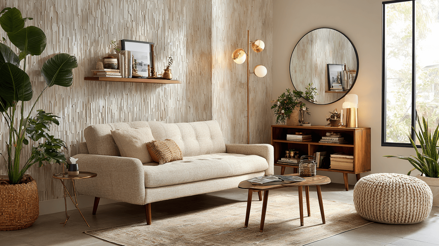 Sunlit small living room, shot on a high-end camera, featuring a compact mid-century sofa against a textured wall