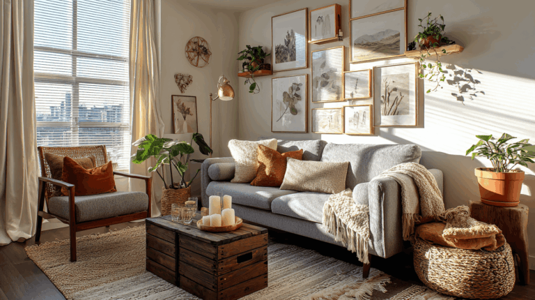 Sunlit small living room styled on a budget
