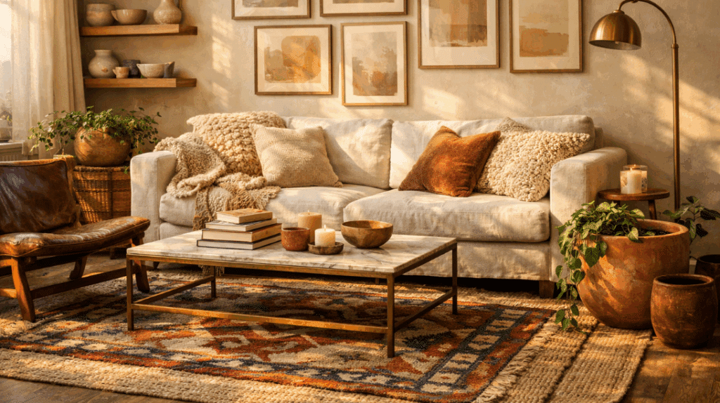 Warm Sunlit Cozy Living Room with Layered Rugs and Neutral Decor