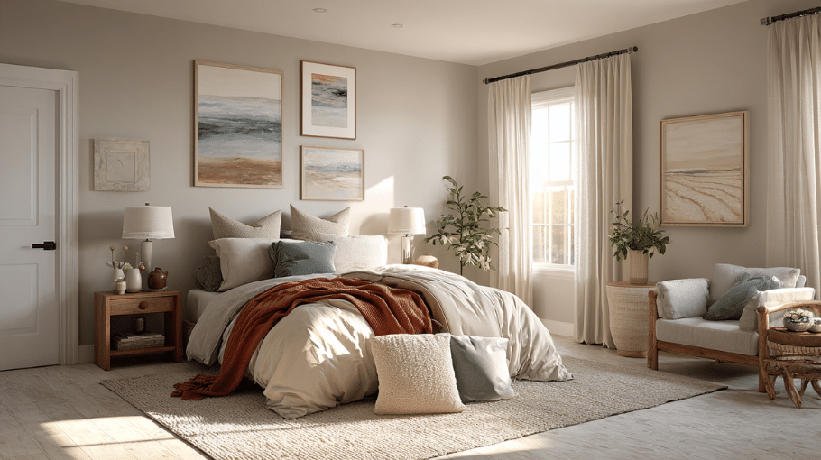 Bedroom color schemes featuring neutral tones with soft accent colors, warm lighting, and a calm modern bedroom aesthetic