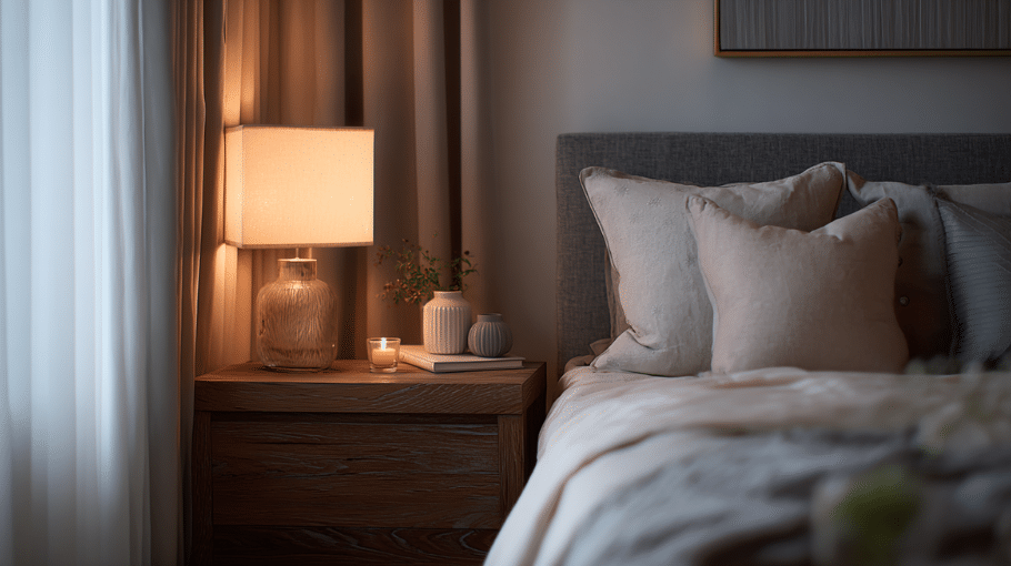 Bedroom nightstand styling ideas featuring a bedside table with a lamp, books, simple decor, and a cozy modern bedroom aesthetic