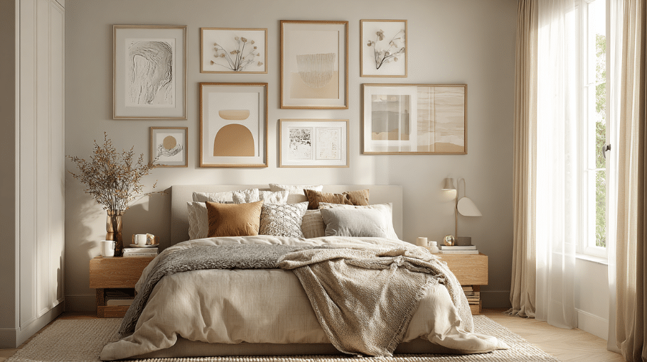 Bedroom wall art ideas featuring neutral framed prints above the bed, soft lighting, and a cozy modern bedroom aesthetic