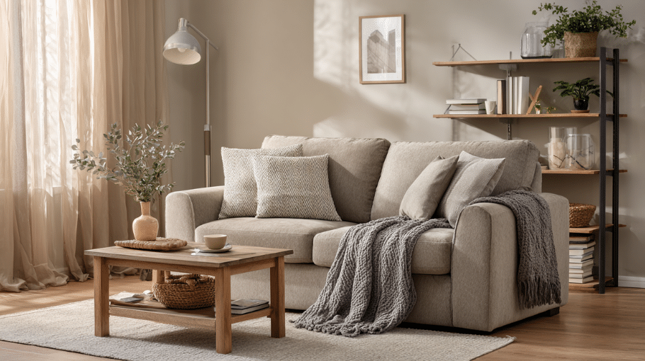 Budget living room decor featuring affordable furniture, simple wall art, neutral colors, and cozy styling for everyday homes