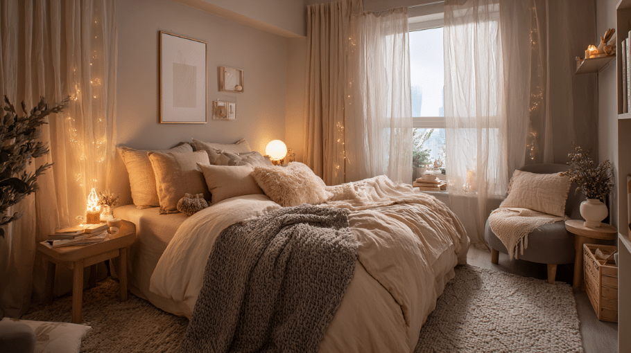 Cozy bedroom aesthetic featuring layered neutral bedding, warm lighting, soft textures, and a calm inviting atmosphere