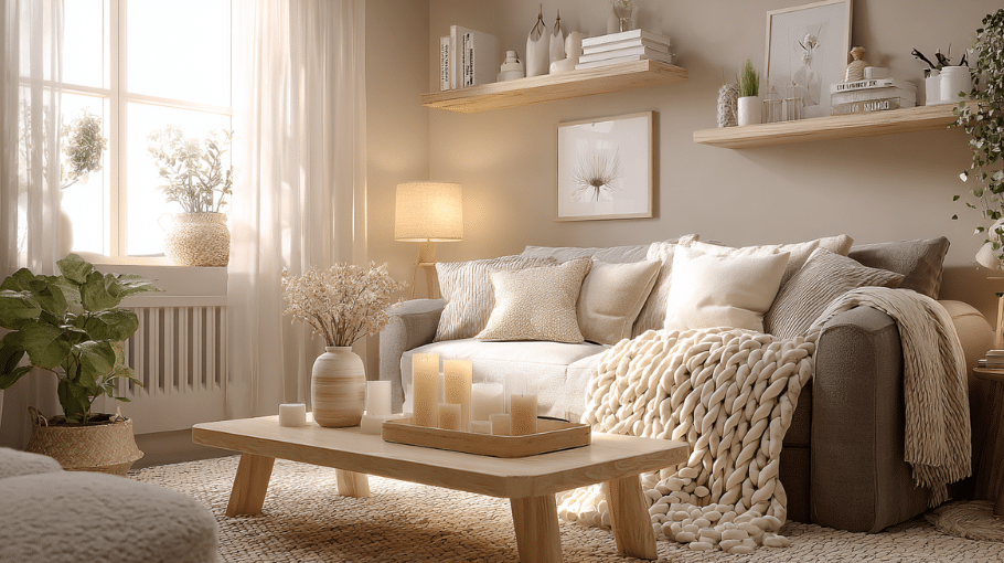 Cozy living room ideas featuring warm neutral decor, soft lighting, textured fabrics, and a welcoming modern home aesthetic.