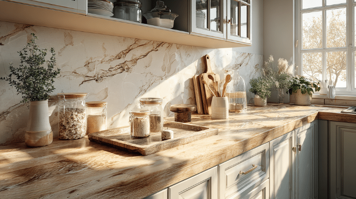 Kitchen countertop styling ideas featuring minimal decor, wooden accents, neutral tones, and a clean modern kitchen