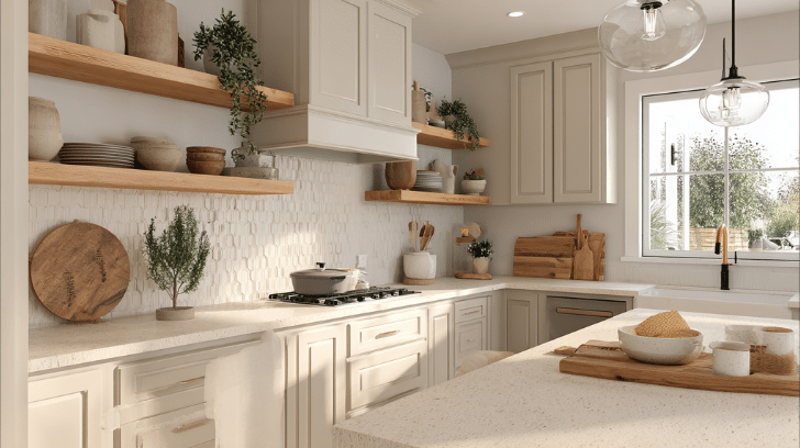 Kitchen decor ideas featuring neutral cabinets, open shelving, warm lighting, and a cozy modern home aesthetic