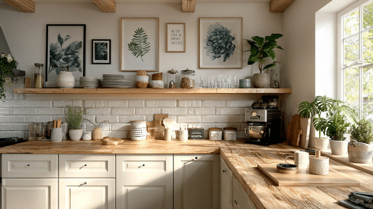 Kitchen wall decor ideas featuring framed art, floating shelves, and neutral styling in a cozy modern kitchen