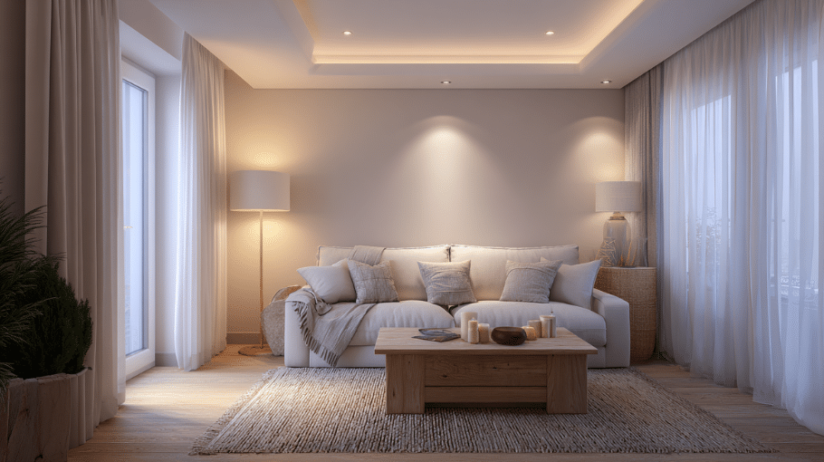 Living room lighting ideas featuring layered ambient, task, and accent lighting for a warm and cozy home