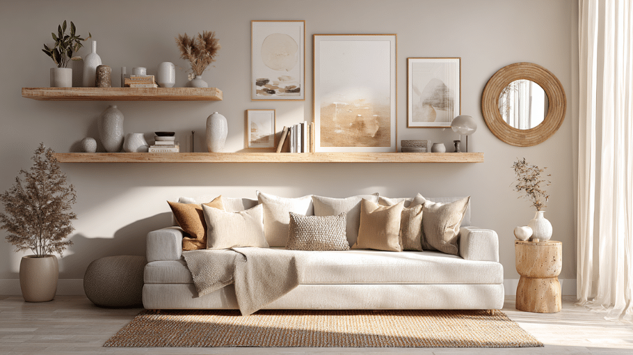 Living room wall decor ideas featuring framed art, floating shelves, and modern accents in a warm, cozy home setting