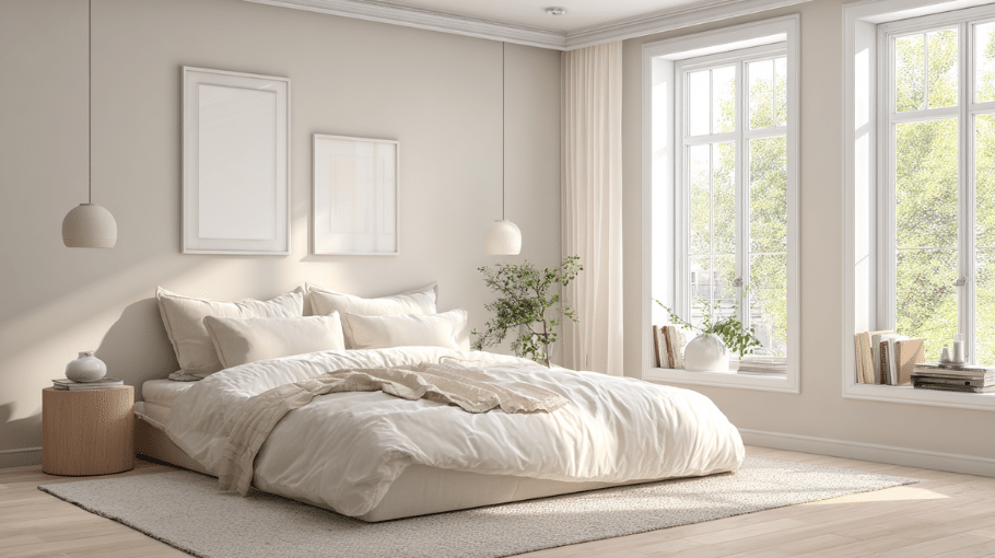 Minimalist bedroom decor featuring clean lines, neutral colors, soft natural light, and a calm modern home aesthetic
