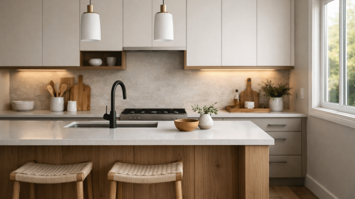 Modern kitchen decor featuring clean lines, neutral cabinetry, subtle wood accents, and a calm contemporary home aesthetic