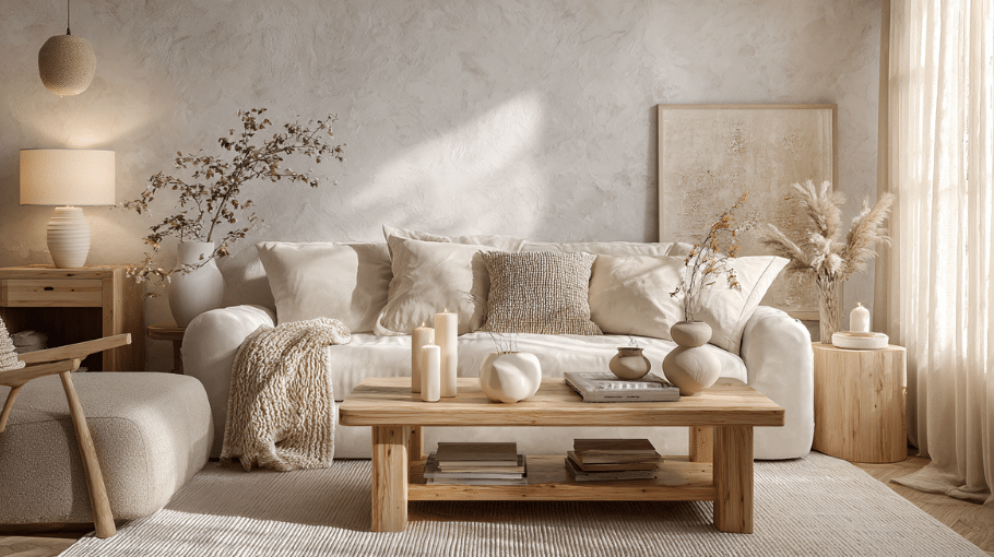 Neutral living room decor featuring beige and cream tones, natural textures, soft lighting, and a calm modern home aesthetic