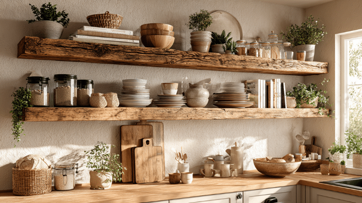 Open shelving decor ideas featuring wooden kitchen shelves styled with ceramics, glass jars, and greenery
