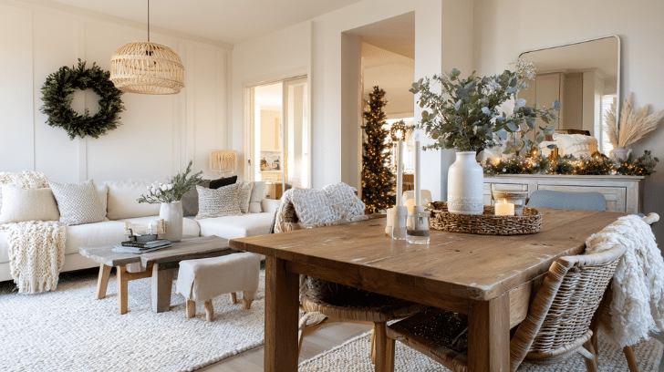 Seasonal decor ideas featuring subtle accents for fall, winter, spring, and summer in a calm neutral home setting