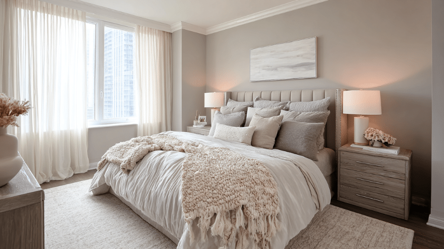 Master bedroom ideas featuring layered neutral bedding, soft lighting, and a calm modern home aesthetic.