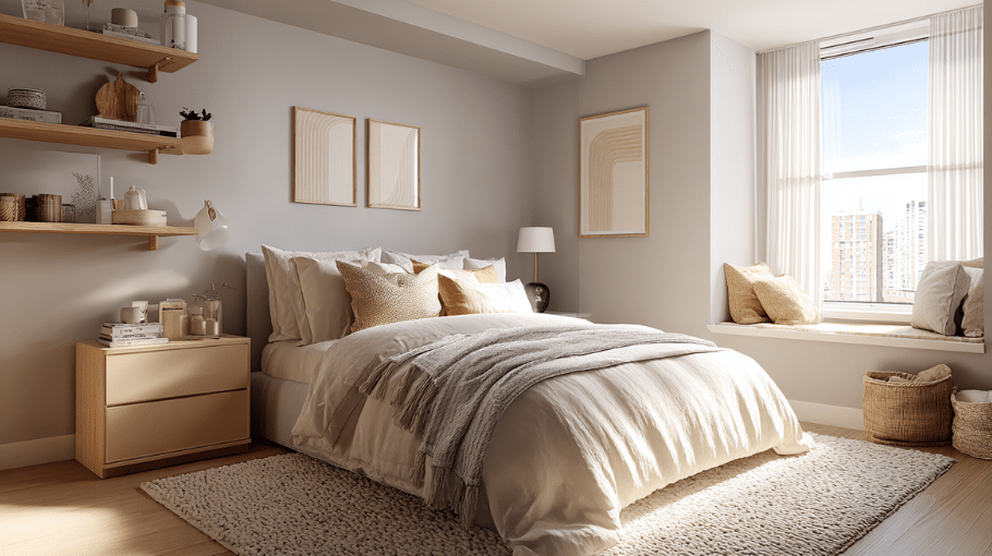 Small bedroom decor ideas featuring space-saving furniture, light neutral colors, soft lighting, and cozy modern styling