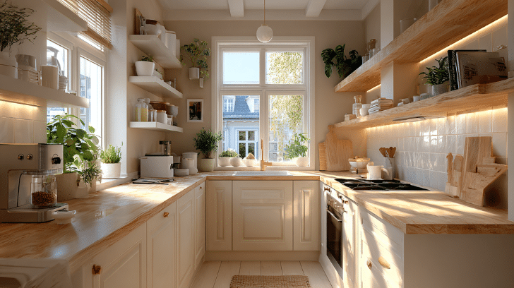 Small kitchen decor ideas featuring light cabinets, open shelving, neutral colors, and a cozy space-saving design