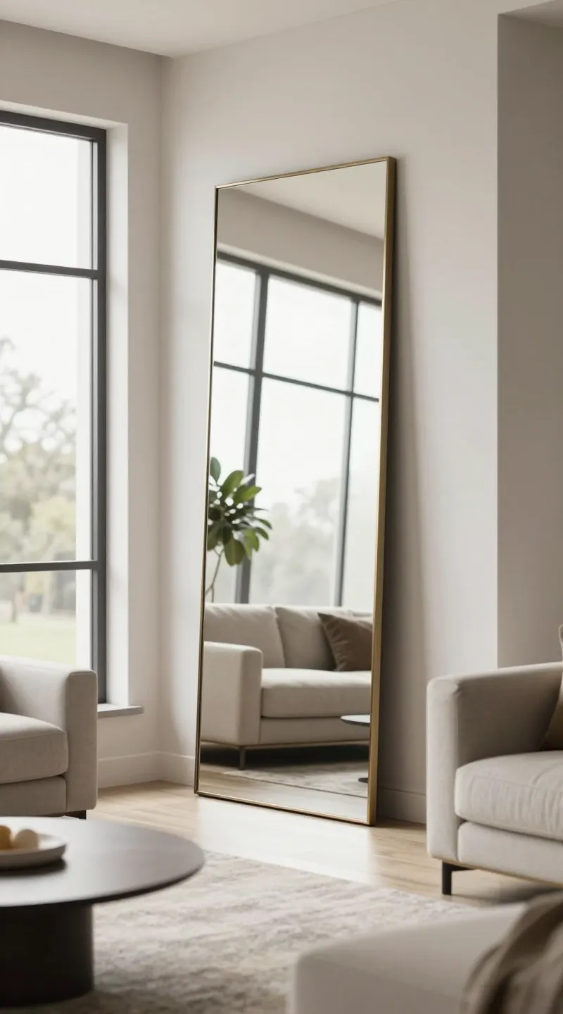 A realistic, high-end interior photograph of a modern living room featuring one oversized, full-length floor mirror leaning casually against the wall. The mirror should be very tall and wide with a slim, elegant frame in brushed brass or matte black to suggest luxury without fuss. Place the mirror opposite a large window so it bounces abundant natural daylight, visually expanding the room and brightening surfaces. The space should feel airy and editorial: neutral palette (soft whites, warm beiges, light gray), low-profile contemporary sofa with textured throw, minimalist coffee table, subtle layered rug, and a hint of greenery (tall plant) reflected in the mirror. Use clean lines, uncluttered surfaces, and soft, diffused afternoon light. Capture the reflected sightlines to emphasize depth and spaciousness, with the mirror as the hero. Photorealistic, 35mm lens look, shallow depth of field, high-resolution, natural color grading, lifestyle magazine styling.